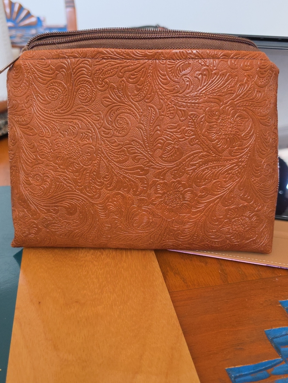 Embossed Floral Zip Pouch - Cognac Brown Hand Made